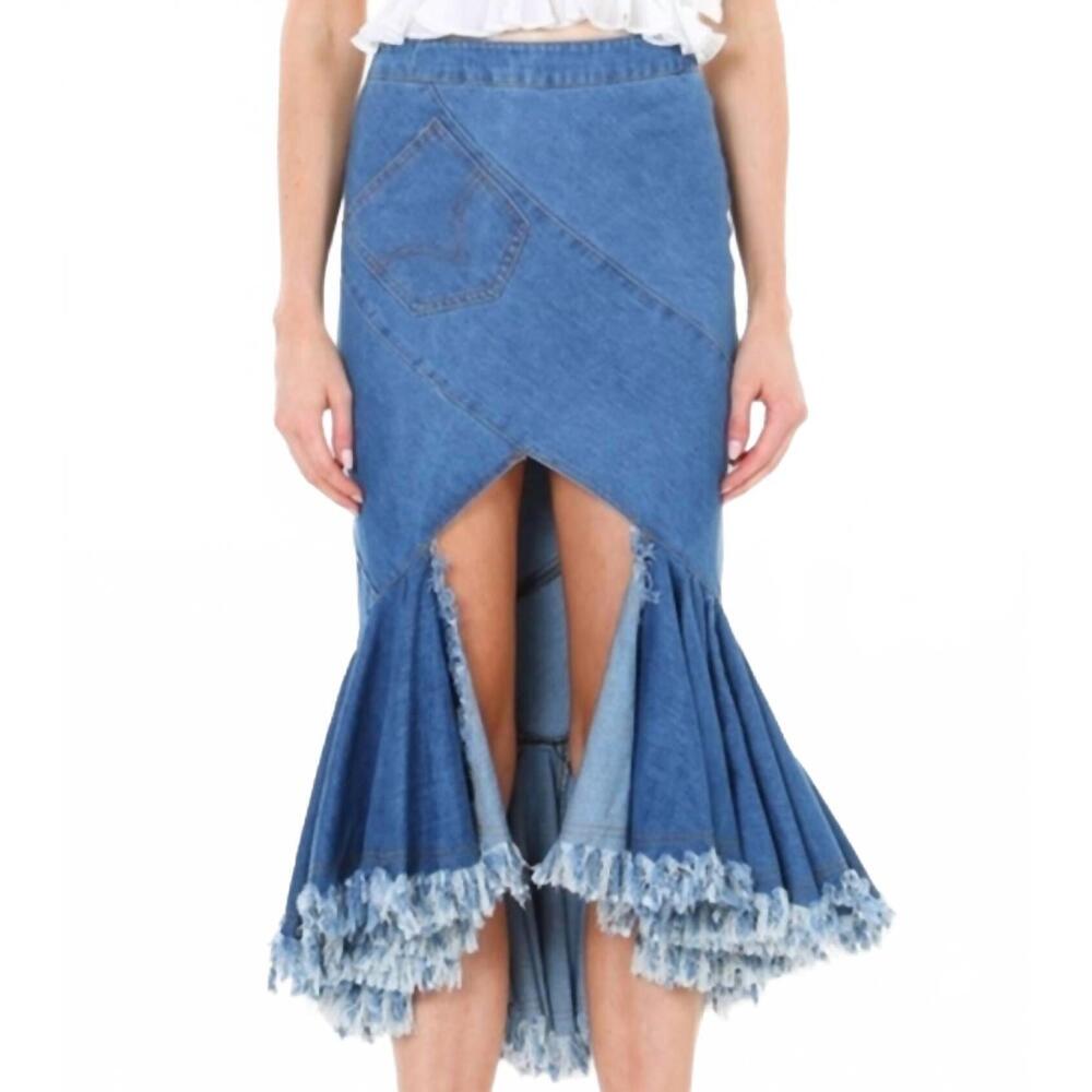 NEW BEULAHSTYLE denim mermaid frayed skirt in blue